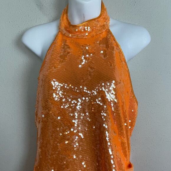 Caroline Constas Orange Sequin Halter‎ Midi Dress M Fairy Ethereal Statement - Picture 6 of 12